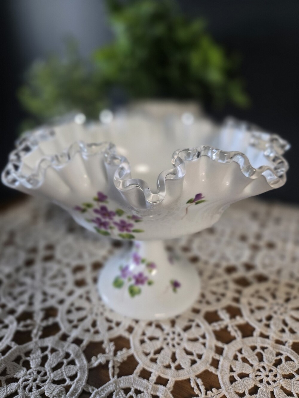 Fenton Silver Crest Hand-Painted Violet Pedestal Compote